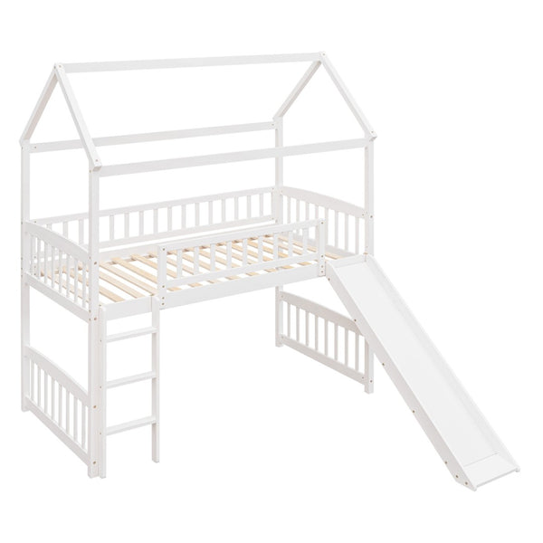 HomeRoots White Canopy Solid Wood Twin Loft Bed with Slide - Stylish, Durable, and Perfect for Playful Bedrooms 606536