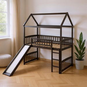 HomeRoots Espresso Canopy Solid Wood Twin Loft Bed with Fun Slide - Stylish Space-Saving Design for Kids 606537