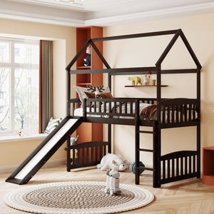 HomeRoots Espresso Canopy Solid Wood Twin Loft Bed with Fun Slide - Stylish Space-Saving Design for Kids 606537