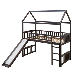 HomeRoots Espresso Canopy Solid Wood Twin Loft Bed with Fun Slide - Stylish Space-Saving Design for Kids 606537