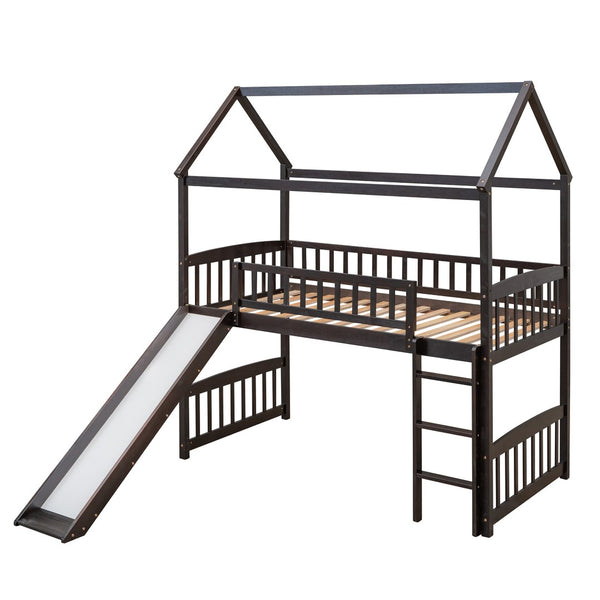 HomeRoots Espresso Canopy Solid Wood Twin Loft Bed with Fun Slide - Stylish Space-Saving Design for Kids 606537