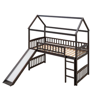 HomeRoots Espresso Canopy Solid Wood Twin Loft Bed with Fun Slide - Stylish Space-Saving Design for Kids 606537