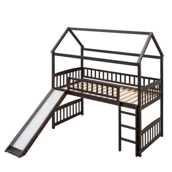 HomeRoots Espresso Canopy Solid Wood Twin Loft Bed with Fun Slide - Stylish Space-Saving Design for Kids 606537