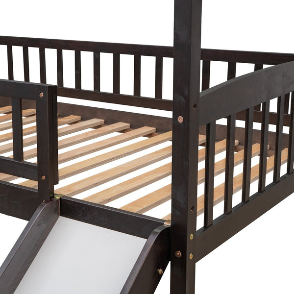 HomeRoots Espresso Canopy Solid Wood Twin Loft Bed with Fun Slide - Stylish Space-Saving Design for Kids 606537