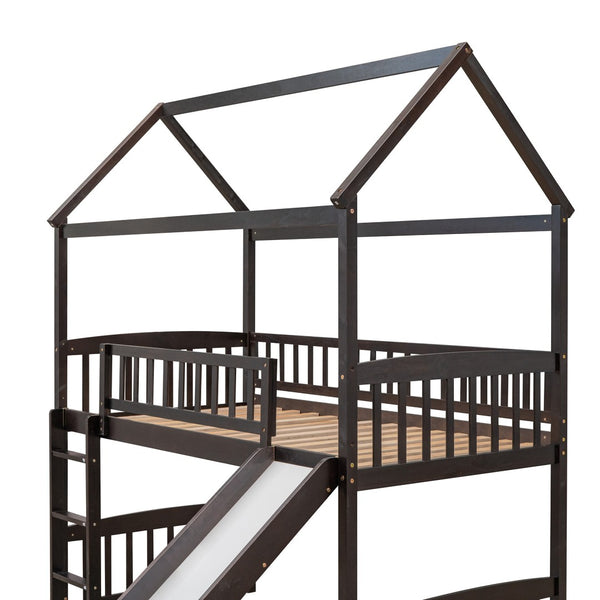 HomeRoots Espresso Canopy Solid Wood Twin Loft Bed with Fun Slide - Stylish Space-Saving Design for Kids 606537