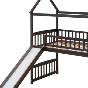 HomeRoots Espresso Canopy Solid Wood Twin Loft Bed with Fun Slide - Stylish Space-Saving Design for Kids 606537