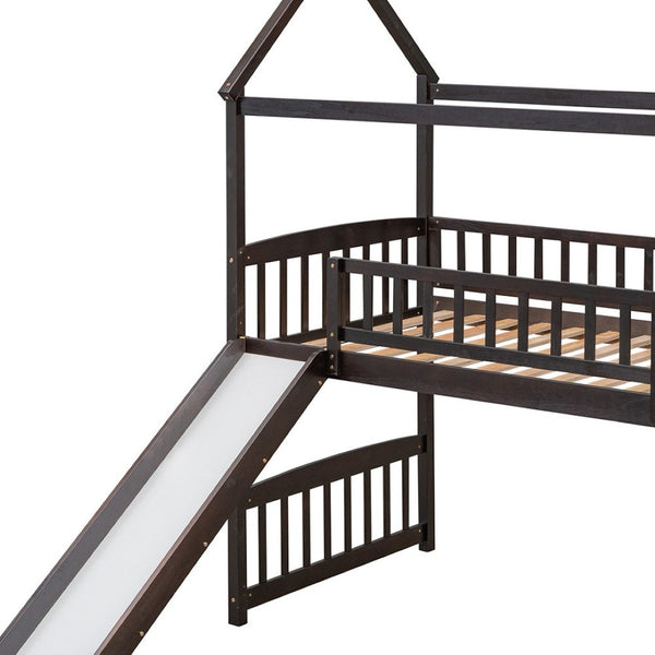 HomeRoots Espresso Canopy Solid Wood Twin Loft Bed with Fun Slide - Stylish Space-Saving Design for Kids 606537