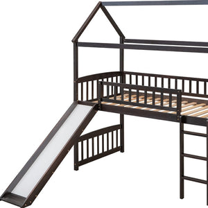 HomeRoots Espresso Canopy Solid Wood Twin Loft Bed with Fun Slide - Stylish Space-Saving Design for Kids 606537