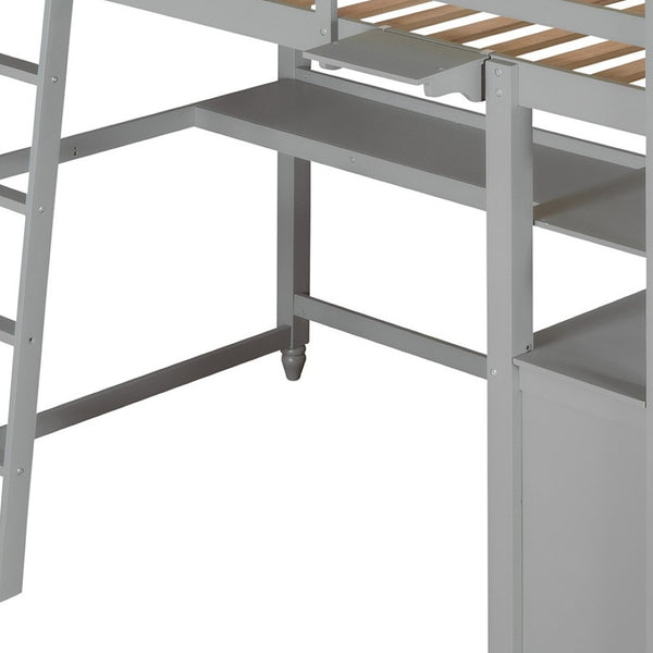 HomeRoots Gray Twin Loft Bed with Integrated Desk, Shelves & Storage for Small Spaces – Stylish & Durable! 606538