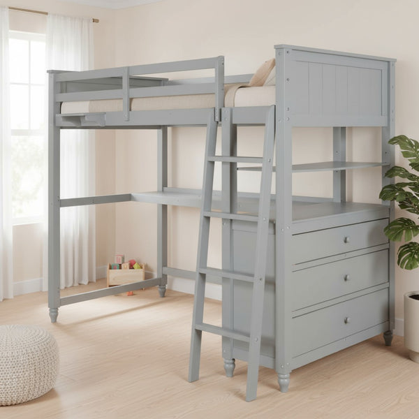 HomeRoots Gray Twin Loft Bed with Integrated Desk, Shelves & Storage for Small Spaces – Stylish & Durable! 606538