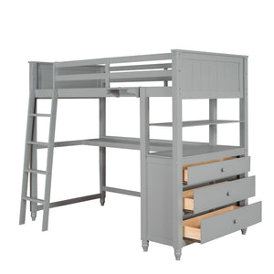 HomeRoots Gray Twin Loft Bed with Integrated Desk, Shelves & Storage for Small Spaces – Stylish & Durable! 606538