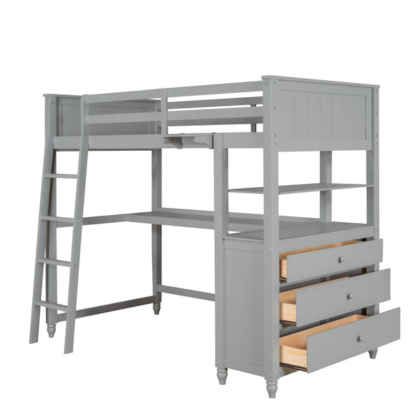HomeRoots Gray Twin Loft Bed with Integrated Desk, Shelves & Storage for Small Spaces – Stylish & Durable! 606538