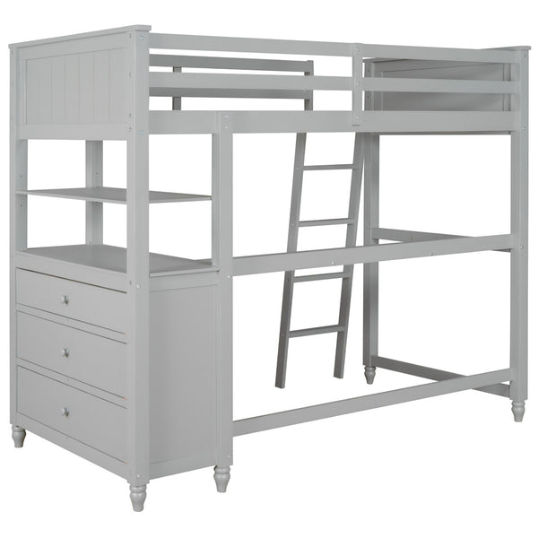 HomeRoots Gray Twin Loft Bed with Integrated Desk, Shelves & Storage for Small Spaces – Stylish & Durable! 606538