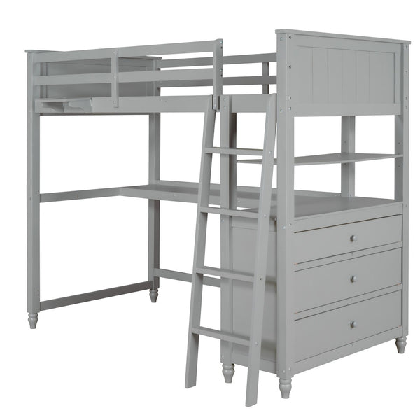 HomeRoots Gray Twin Loft Bed with Integrated Desk, Shelves & Storage for Small Spaces – Stylish & Durable! 606538