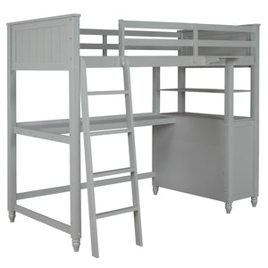 HomeRoots Gray Twin Loft Bed with Integrated Desk, Shelves & Storage for Small Spaces – Stylish & Durable! 606538