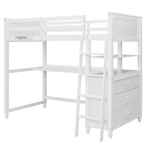 HomeRoots White Solid Wood Twin Loft Bed with Desk, Shelves & Drawers - Maximize Space & Style in Bedrooms! 606539