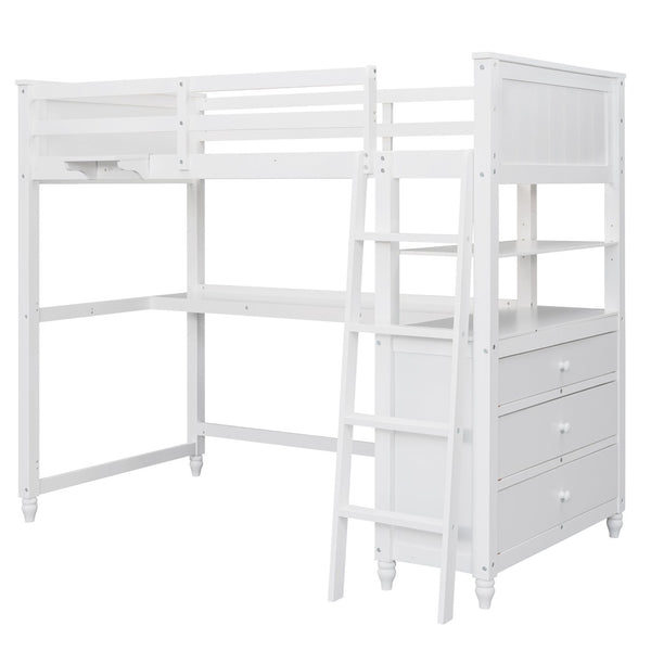 HomeRoots White Solid Wood Twin Loft Bed with Desk, Shelves & Drawers - Maximize Space & Style in Bedrooms! 606539