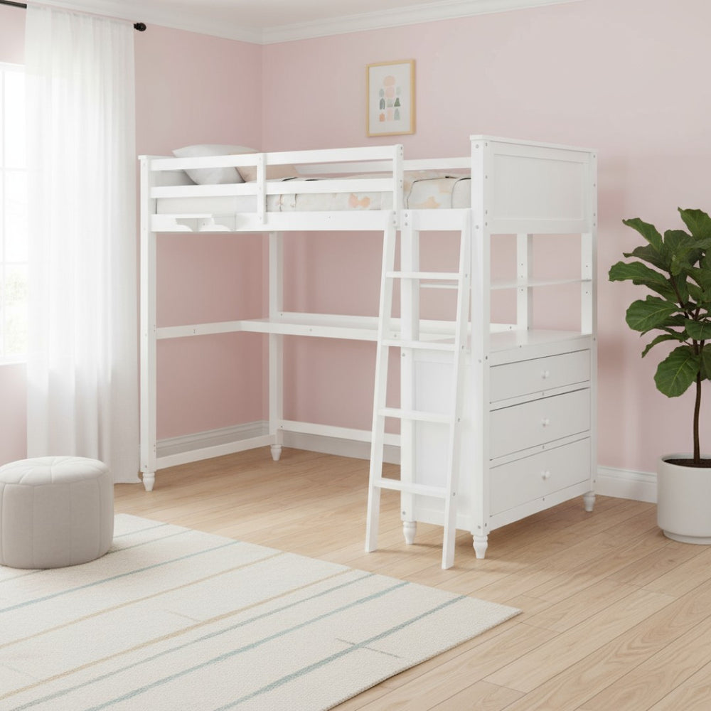 HomeRoots White Solid Wood Twin Loft Bed with Desk, Shelves & Drawers - Maximize Space & Style in Bedrooms! 606539