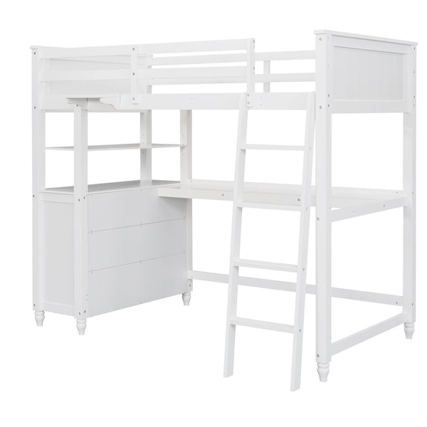 HomeRoots White Solid Wood Twin Loft Bed with Desk, Shelves & Drawers - Maximize Space & Style in Bedrooms! 606539