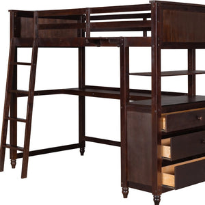 HomeRoots Espresso Twin Loft Bed with Integrated Desk, Shelves & Stylish Storage for Cozy Spaces 606540