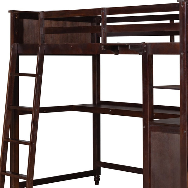 HomeRoots Espresso Twin Loft Bed with Integrated Desk, Shelves & Stylish Storage for Cozy Spaces 606540