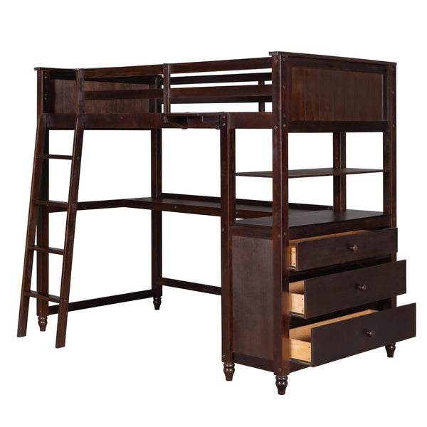 HomeRoots Espresso Twin Loft Bed with Integrated Desk, Shelves & Stylish Storage for Cozy Spaces 606540