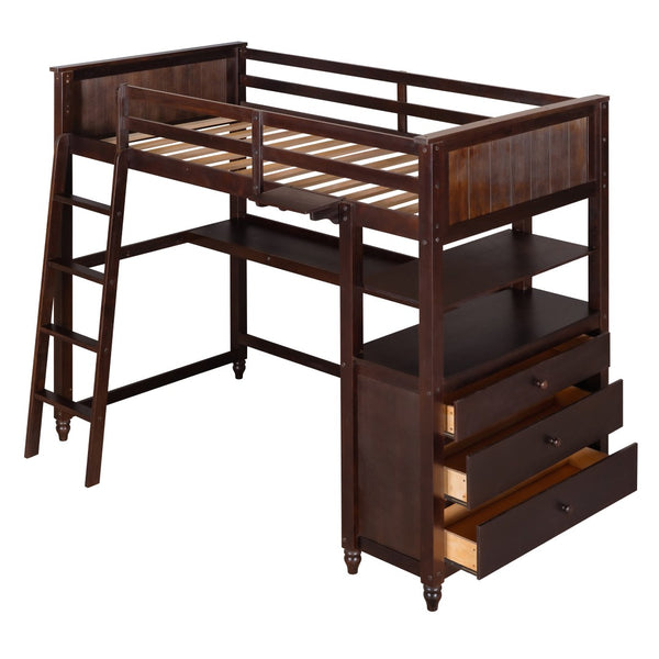 HomeRoots Espresso Twin Loft Bed with Integrated Desk, Shelves & Stylish Storage for Cozy Spaces 606540