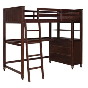 HomeRoots Espresso Twin Loft Bed with Integrated Desk, Shelves & Stylish Storage for Cozy Spaces 606540