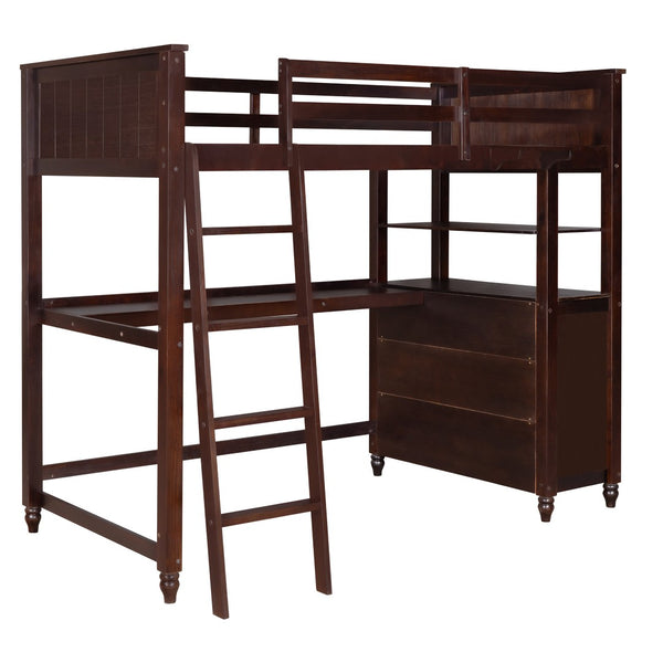 HomeRoots Espresso Twin Loft Bed with Integrated Desk, Shelves & Stylish Storage for Cozy Spaces 606540