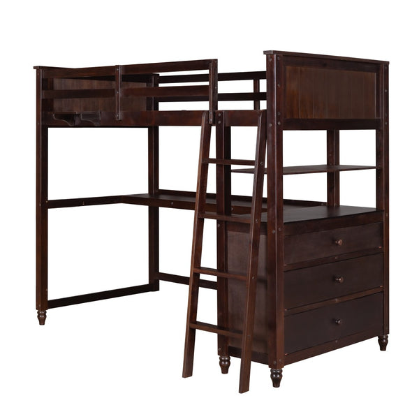 HomeRoots Espresso Twin Loft Bed with Integrated Desk, Shelves & Stylish Storage for Cozy Spaces 606540