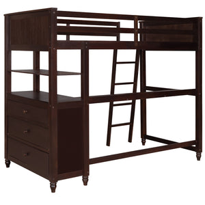 HomeRoots Espresso Twin Loft Bed with Integrated Desk, Shelves & Stylish Storage for Cozy Spaces 606540