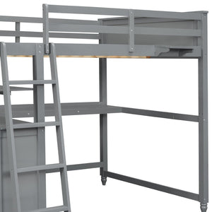 HomeRoots Gray Solid Wood Full Double Loft Bed with Integrated Desk, Spacious Storage, and Modern Design 606541