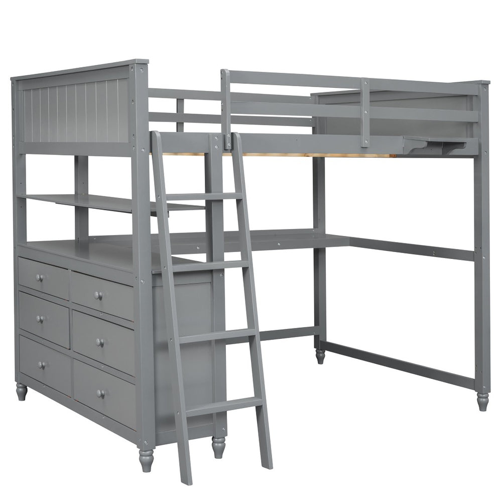 HomeRoots Gray Solid Wood Full Double Loft Bed with Integrated Desk, Spacious Storage, and Modern Design 606541