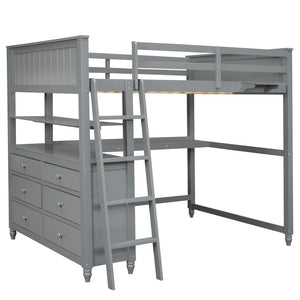 HomeRoots Gray Solid Wood Full Double Loft Bed with Integrated Desk, Spacious Storage, and Modern Design 606541