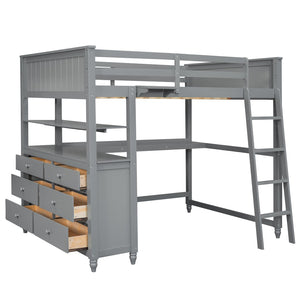 HomeRoots Gray Solid Wood Full Double Loft Bed with Integrated Desk, Spacious Storage, and Modern Design 606541