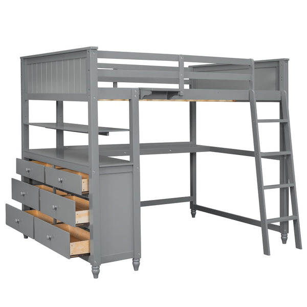 HomeRoots Gray Solid Wood Full Double Loft Bed with Integrated Desk, Spacious Storage, and Modern Design 606541