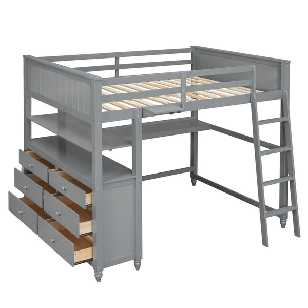HomeRoots Gray Solid Wood Full Double Loft Bed with Integrated Desk, Spacious Storage, and Modern Design 606541