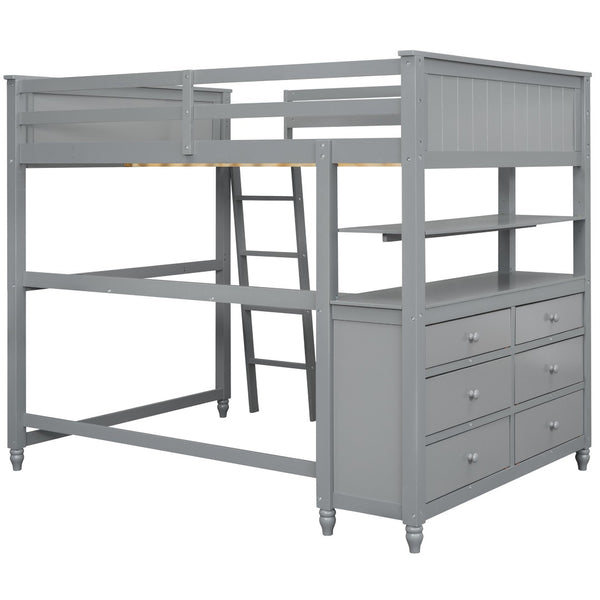 HomeRoots Gray Solid Wood Full Double Loft Bed with Integrated Desk, Spacious Storage, and Modern Design 606541