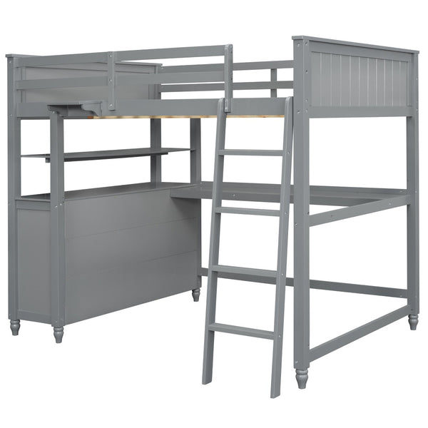 HomeRoots Gray Solid Wood Full Double Loft Bed with Integrated Desk, Spacious Storage, and Modern Design 606541