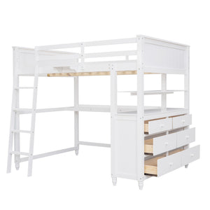 HomeRoots White Solid Wood Full Double Loft Bed with Integrated Desk & Ample Storage for Space-Saving Solutions 606542