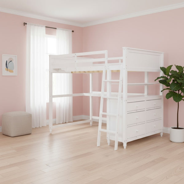 HomeRoots White Solid Wood Full Double Loft Bed with Integrated Desk & Ample Storage for Space-Saving Solutions 606542