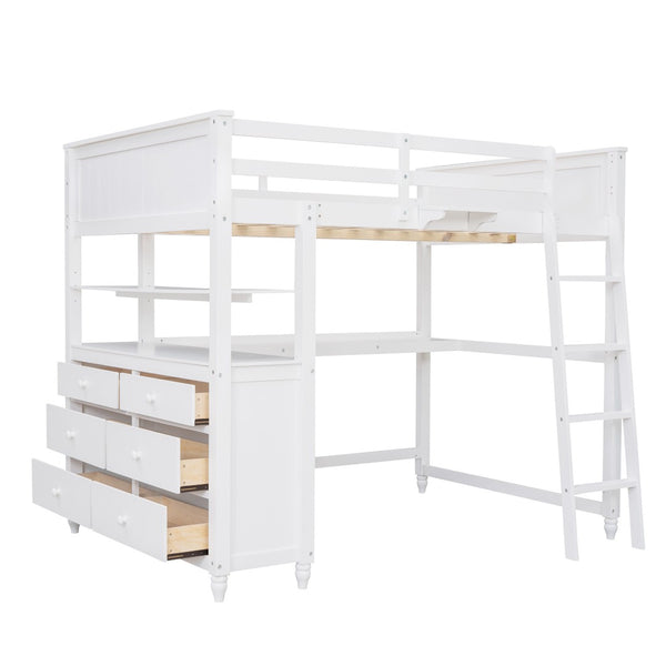HomeRoots White Solid Wood Full Double Loft Bed with Integrated Desk & Ample Storage for Space-Saving Solutions 606542