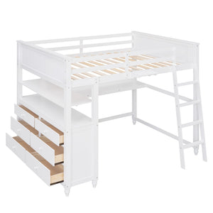 HomeRoots White Solid Wood Full Double Loft Bed with Integrated Desk & Ample Storage for Space-Saving Solutions 606542