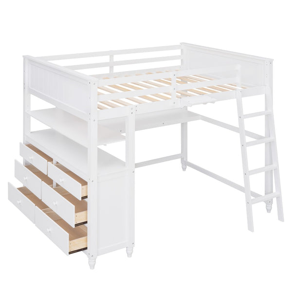 HomeRoots White Solid Wood Full Double Loft Bed with Integrated Desk & Ample Storage for Space-Saving Solutions 606542