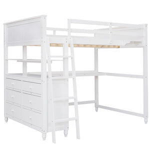 HomeRoots White Solid Wood Full Double Loft Bed with Integrated Desk & Ample Storage for Space-Saving Solutions 606542
