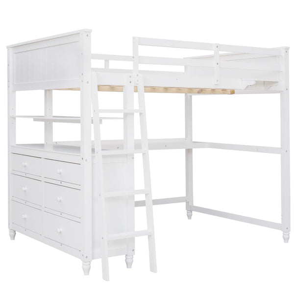 HomeRoots White Solid Wood Full Double Loft Bed with Integrated Desk & Ample Storage for Space-Saving Solutions 606542