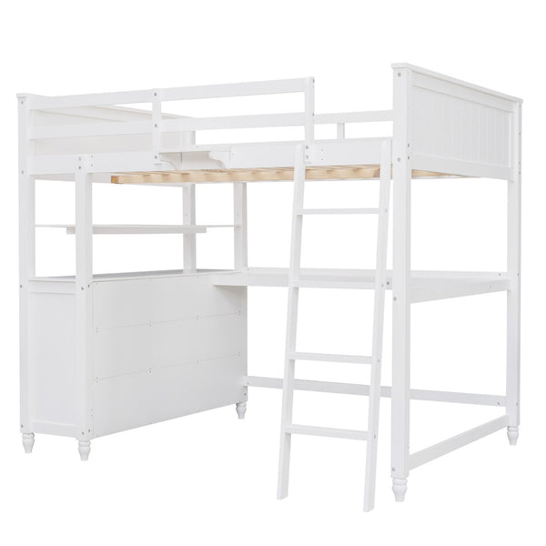 HomeRoots White Solid Wood Full Double Loft Bed with Integrated Desk & Ample Storage for Space-Saving Solutions 606542
