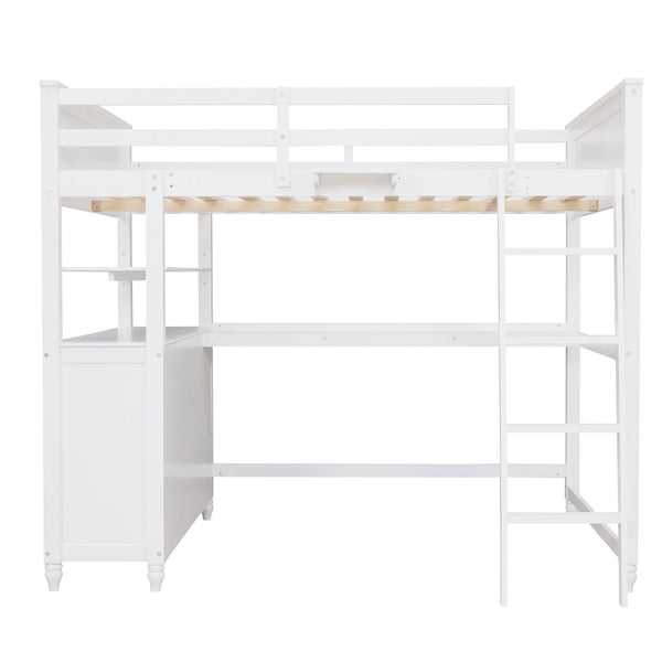 HomeRoots White Solid Wood Full Double Loft Bed with Integrated Desk & Ample Storage for Space-Saving Solutions 606542