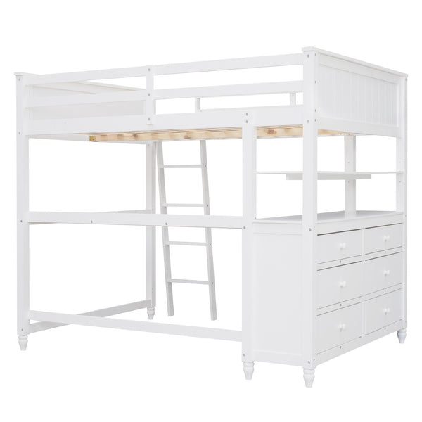 HomeRoots White Solid Wood Full Double Loft Bed with Integrated Desk & Ample Storage for Space-Saving Solutions 606542