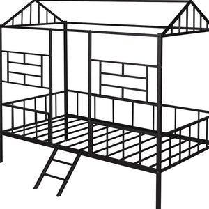 HomeRoots Black Canopy Metal Twin Loft Bed with Integrated Stairs - Space-Saving Design for Stylish Bedrooms 606544
